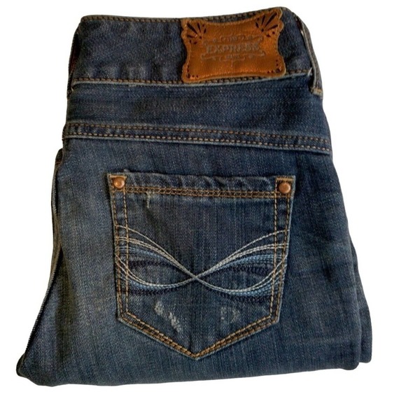 VTG Express Jeans Sz 0 Blue Denim Distressed Straight Leg Jeans Womens Mid RIse - Picture 1 of 9